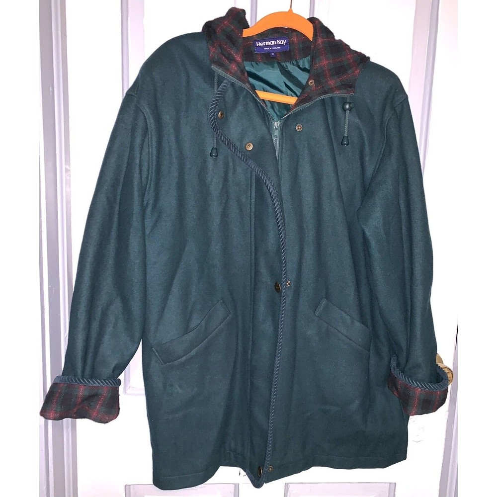 Herman Kay Hunter Green Wool Coat Size 12 Lined Buttons Zipper Pockets Hooded
